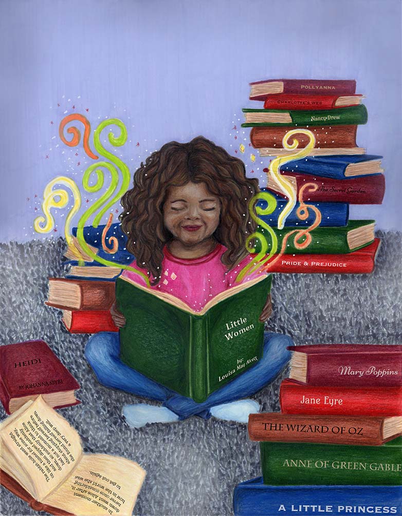 Girl reading surrounded by stacks of books, magic coming from book.