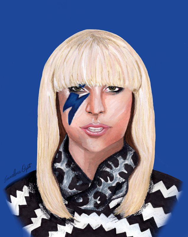 Lady Gaga portrait illustration on blue background.