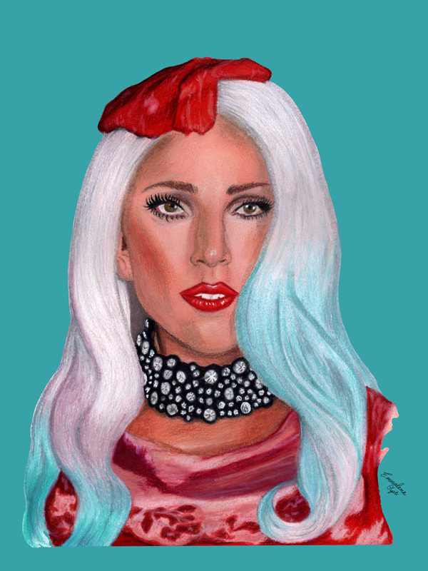 Meat Dress Lady Gaga Portrait Illustration on teal background.
