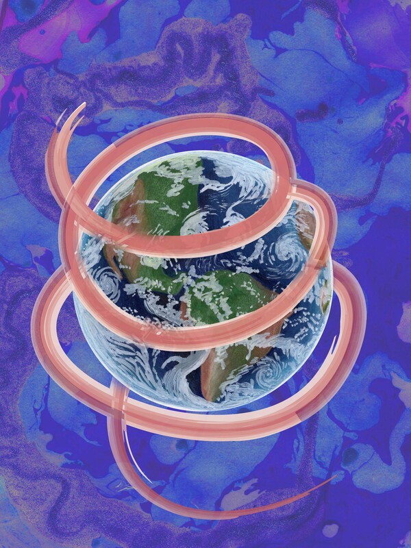 Purple and Blue marble texture space with earth wrapped in orange swirl.