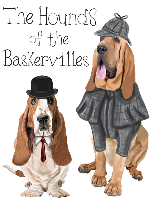 Dogs dressed as characters as Sherlock Holmes and Dr. Watson