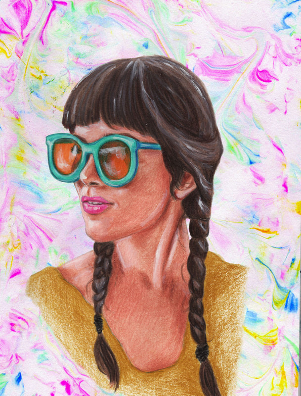 girl brown hair in braids and with teal sunglasses, pastel marble pattern background